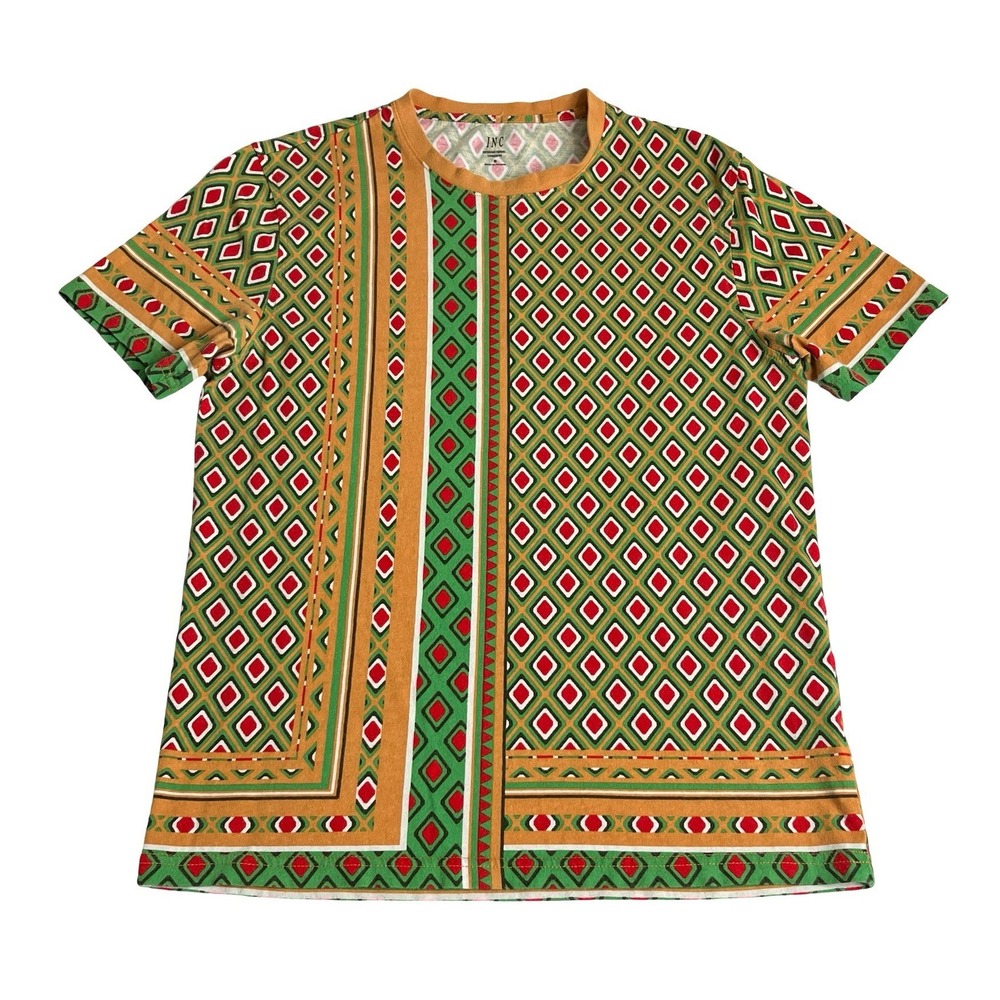 INC International Concepts Top Women S Green Geometric Print Cotton Short Sleeve